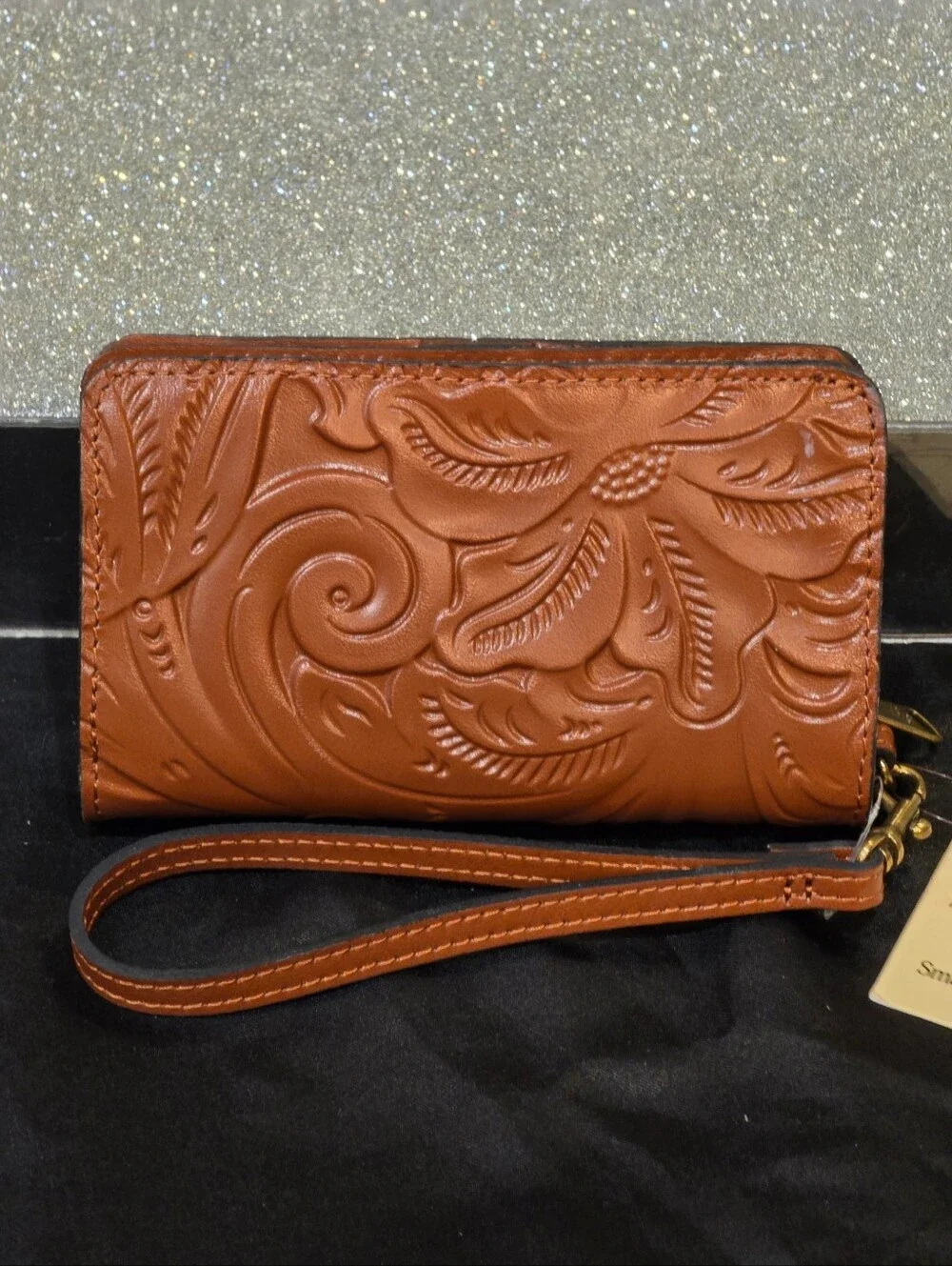 Patricia Nash Embossed Leather Wristlet Wallet in Cognac